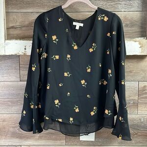LC LAUREN CONRAD Ladies Black Floral Bell Sleeve Lace Blouse Size XS